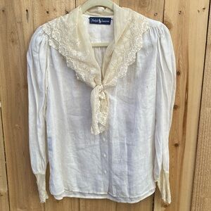 VTG Ralph Lauren 1982-83 F/W Linen Lace Kerchief Collar Blouse Cream White Sz 6